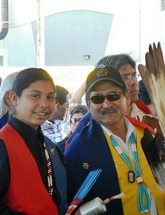 JeffBegay_Page_19_Image_0002_cropped Jeff Begay (at right) is the Del E. Webb School of Construction Outstanding Alumni of the Year award winner. He’s is pictured attending a Salt River Pima Maricopa Indian Community Veteran’s Pow Wow. At left is Stephen Tahmahkera, son of Gary Tahmahkera, a microbiology laboratory coordinator in ASU’s School of Life Sciences.