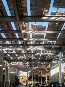 The Power Parasol structure of solar energy modules near the Memorial Union at ASU.