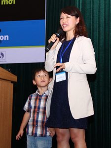 Keynote Speaker Ly Le, associate professor, School of Biotechnology, International University, Vietnam University, was joined by her son on stage while speaking about not having to choose between family and a STEM career.