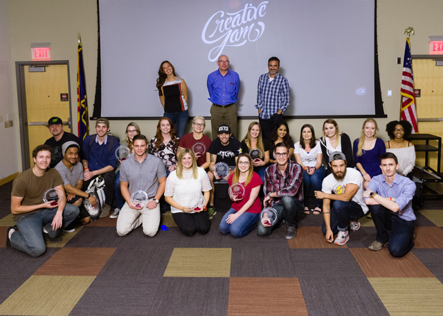 Twenty ASU students were invited to compete in the Adobe Creative Jam based on their design portfolios and skills as showcased on their Adobe Behance accounts. Front row (left to right): Alex Gomez, Weston Bennett, Joel Lobaugh, Claire Beuden, Kassidy Arias, Landon Breaux, Andre Abreu. Back row (left to right): Darin Brudigan, Austin Van Nattan, Heather Salfrank, Sierra Johnson, Melissa Agers, Joshua Balcos, Blair Henderson, Shreya Wadkar, Zuzanna Czerny, Blythe Anderson, Bethany Thielan, Alexandria Landry. Photographer: Chad Westover/ASU