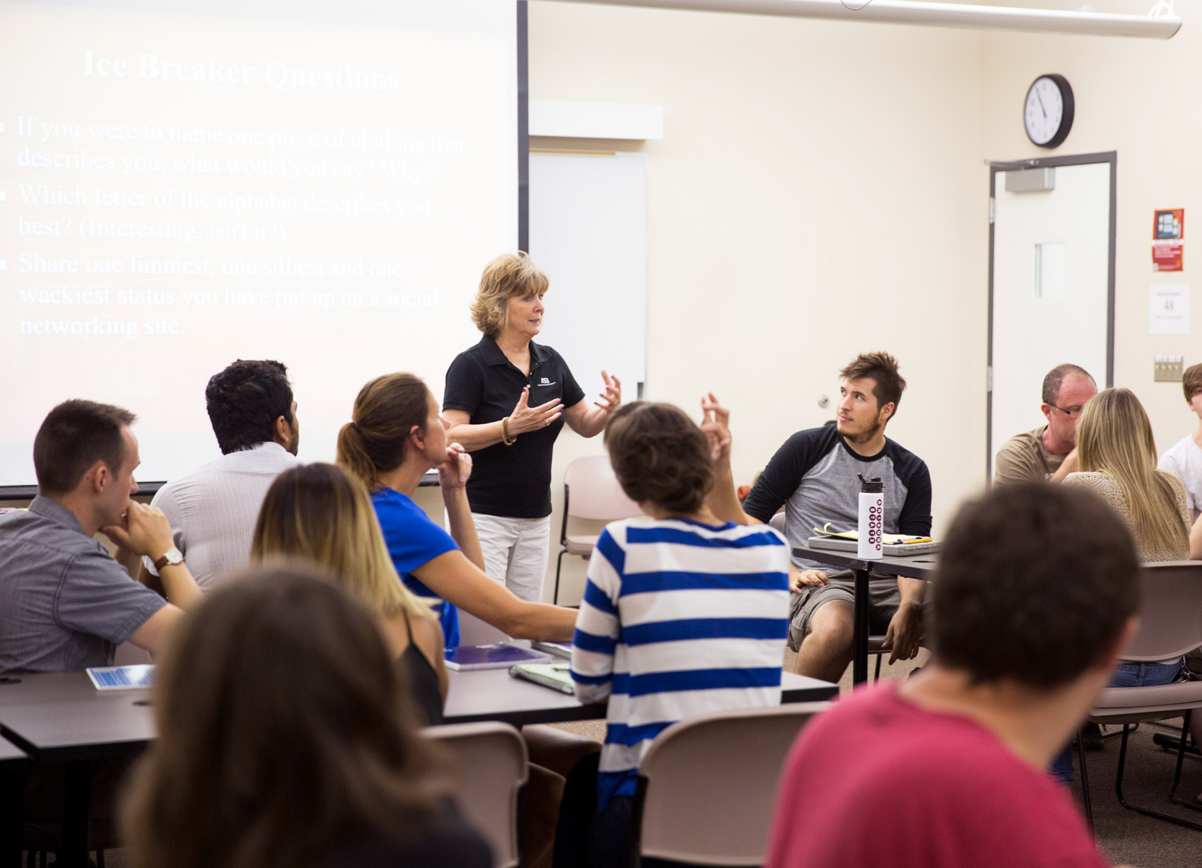 Photo of Carolyn Hirata teaching a class with a caption of "Caroyln Hirata, lecturer and program chair of the Technological Entrepreneurship and Management program, leads a class on the Polytechnic campus. The program’s faculty has expertise across a wide-range of areas, including crowdfunding, beta development, guerrilla marketing, intellectual property and operations research — all facets of entrepreneurship that makes for a more meaningful classroom experience for the students. Photographer: Jessica Hochreiter/ASU"
