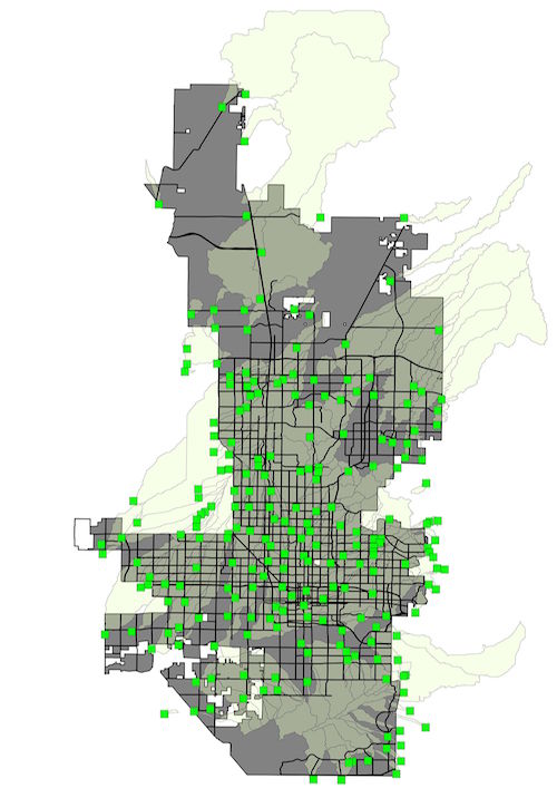A flood modeling map of Phoenix with a caption of "A flood model of the City of Phoenix showing watersheds, roadway network and potential flood nodes. Model courtesy of Mikhail Chester."