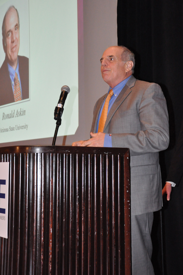 Photo of Ron Askin speaking. Caption says "Professor Ron Askin, former director of the School of Computing, Informatics, and Decisions Systems Engineering speaks to members of the Institute of Industrial and Systems Engineers at the society's annual awards gala May 22. Photo courtesy of IISE"