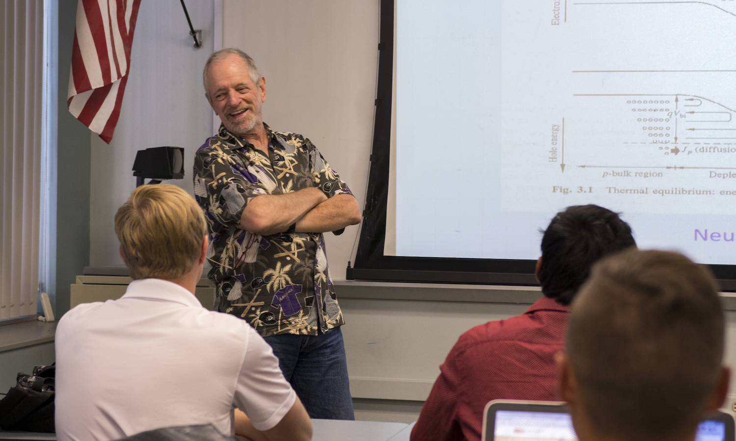 Photo of Ron Roedel teaching in front of a classroom. Caption: There were “so many interesting things happening at ASU” in the solar energy field that Ron Roedel couldn’t resist accepting offers to get involved after his retirement. He’s been teaching classes the past few years in the Solar Energy Engineering and Commercialization graduate program and recently took on the job as its director. Photographer: Marco-Alexis Chaira/ASU