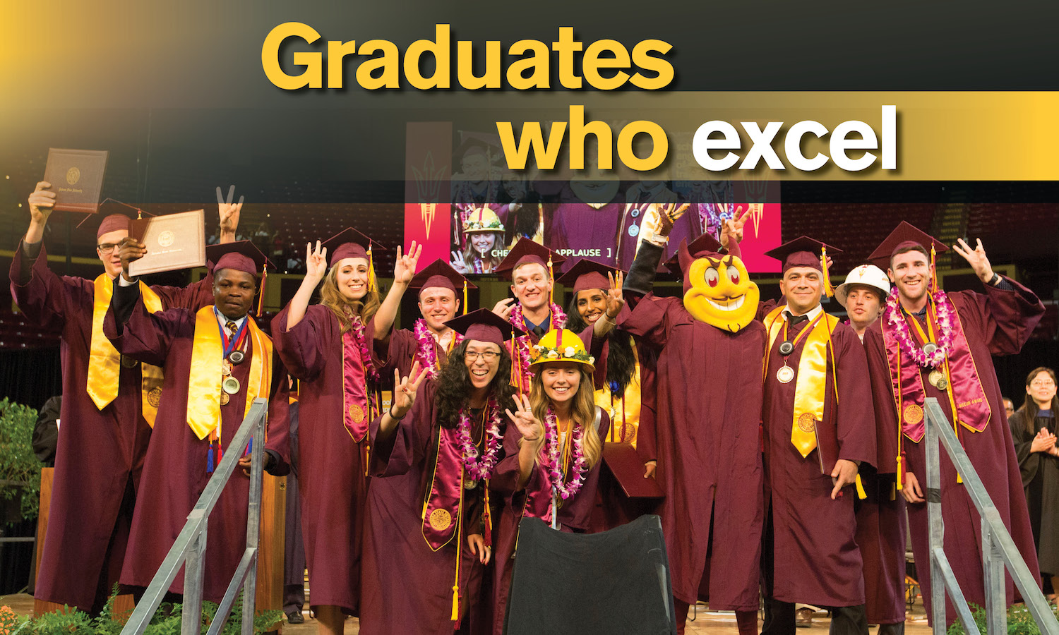 image of a group of graduates with text that says "Graduates who excel"