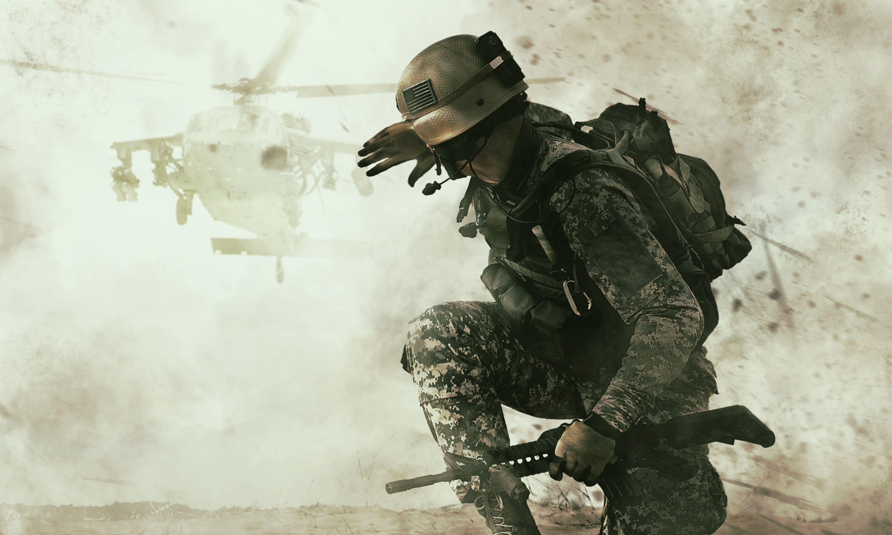 photo of a soldier in front of a landing helicopter