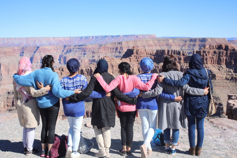 Photo of eight students looking out into the Grand Canyon. Caption: