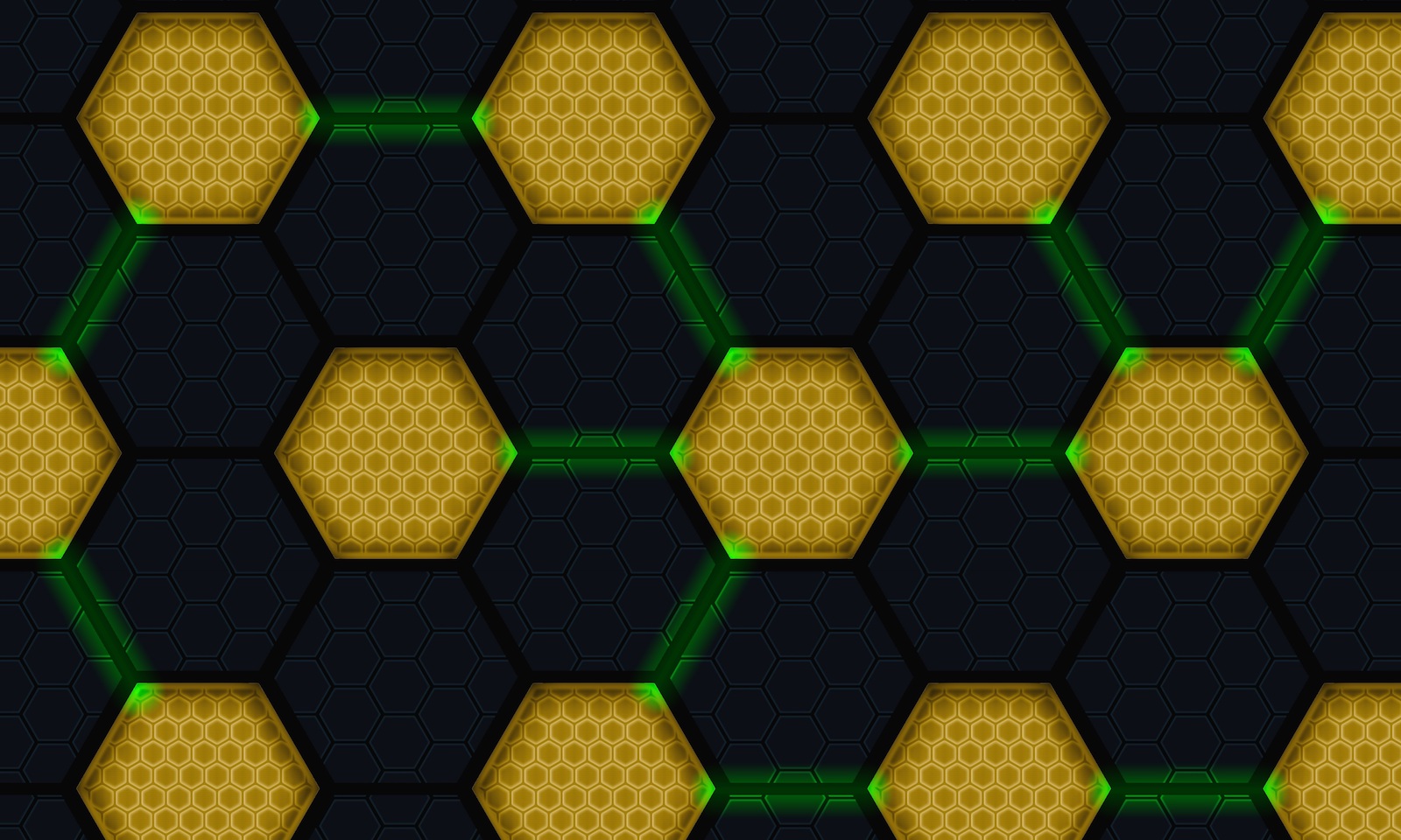 graphic of golden hexagons made of smaller hexagons connected by green lines