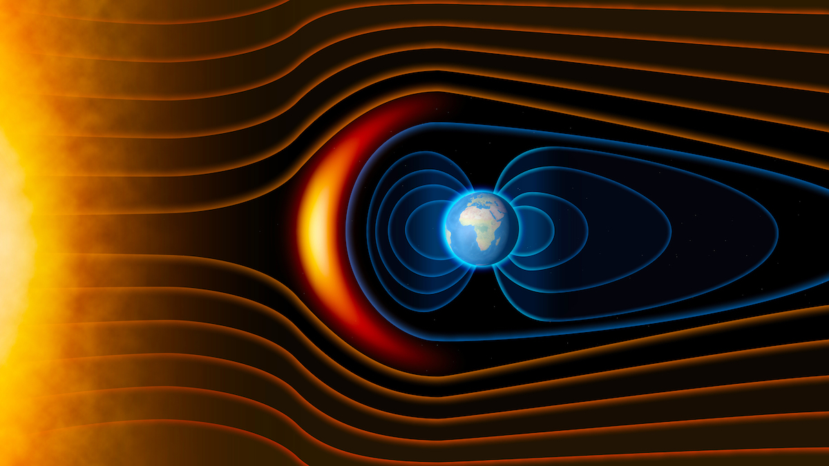 Graphic of Earth seen from space with lines flowing around it