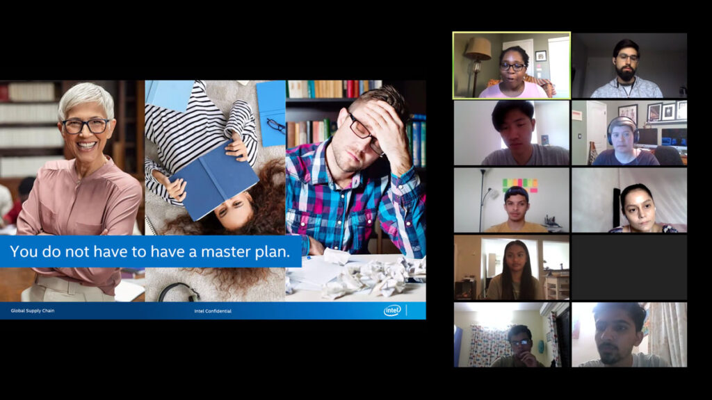 A group of people discuss graduate school on a Zoom call.