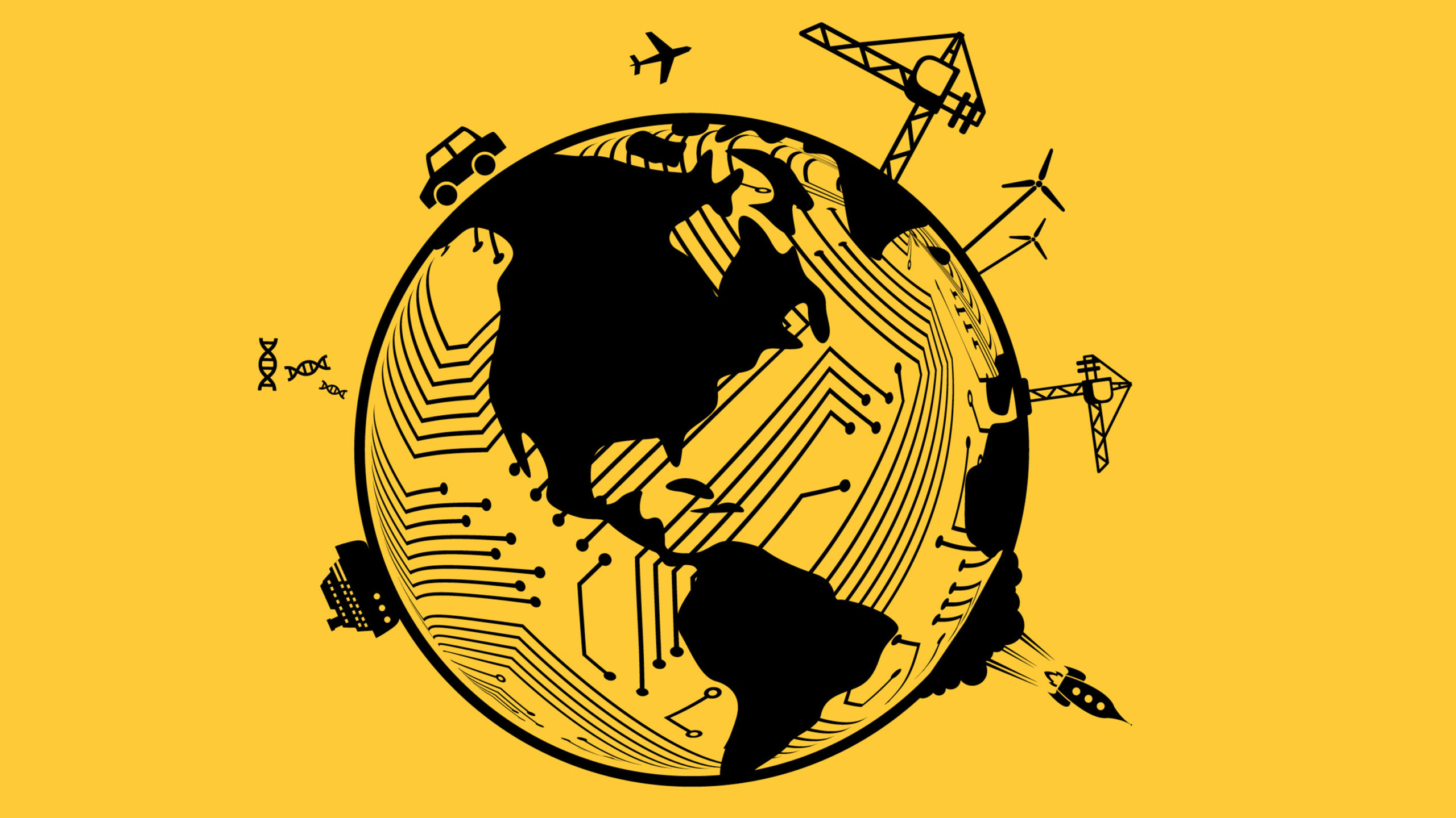 graphic of a globe covered with engineering-centric icons