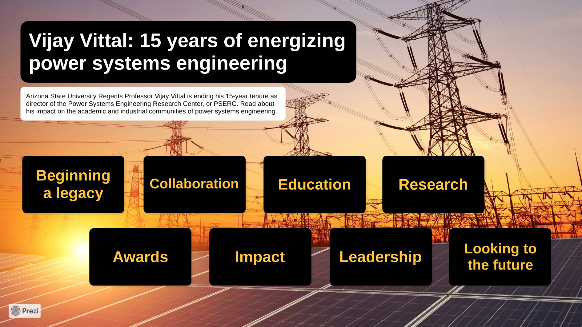 “Vijay Vittal: 15 years of energizing power systems engineering” Prezi home screen.