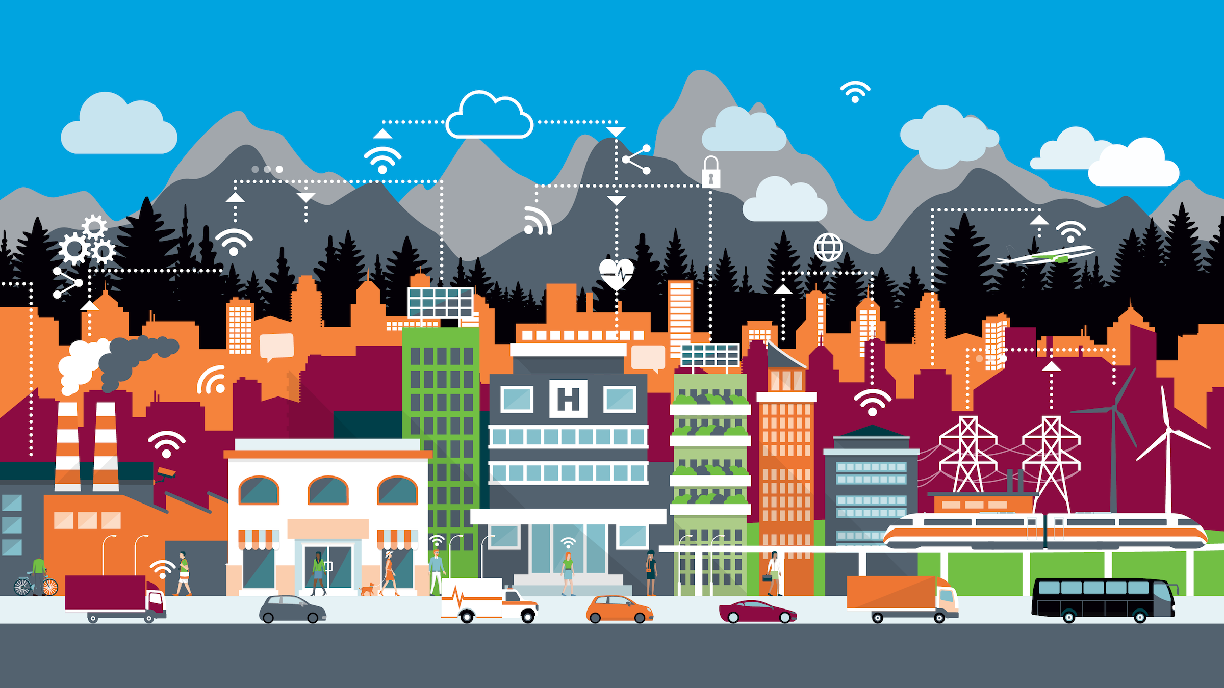 illustration featuring a city with images of smart technology