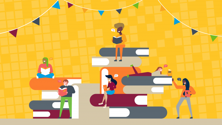 People sit on top of three giant stacks of books in this flat illustration.