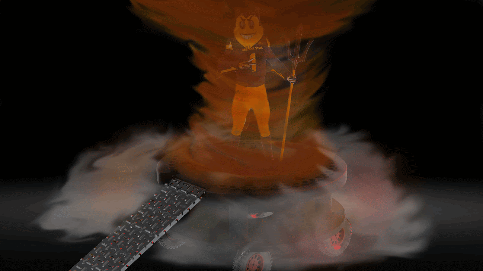 a .gif of a dust devil surrounding Sparky the Sun Devil