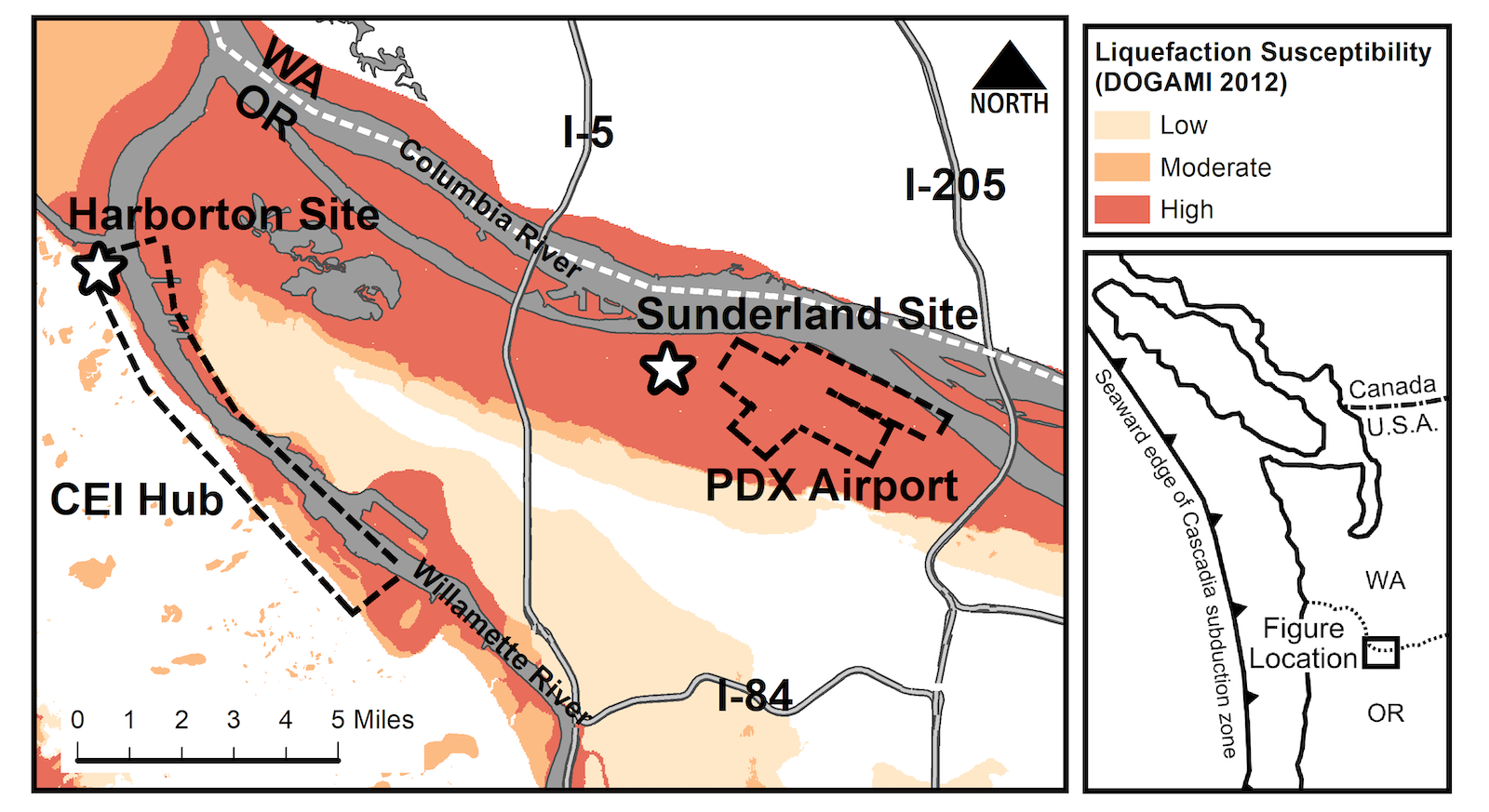 A map of the Portland, Oregon, area highlighting locations of two sites for the research to develop techniques for reducing soil damage as a result of earthquakes 