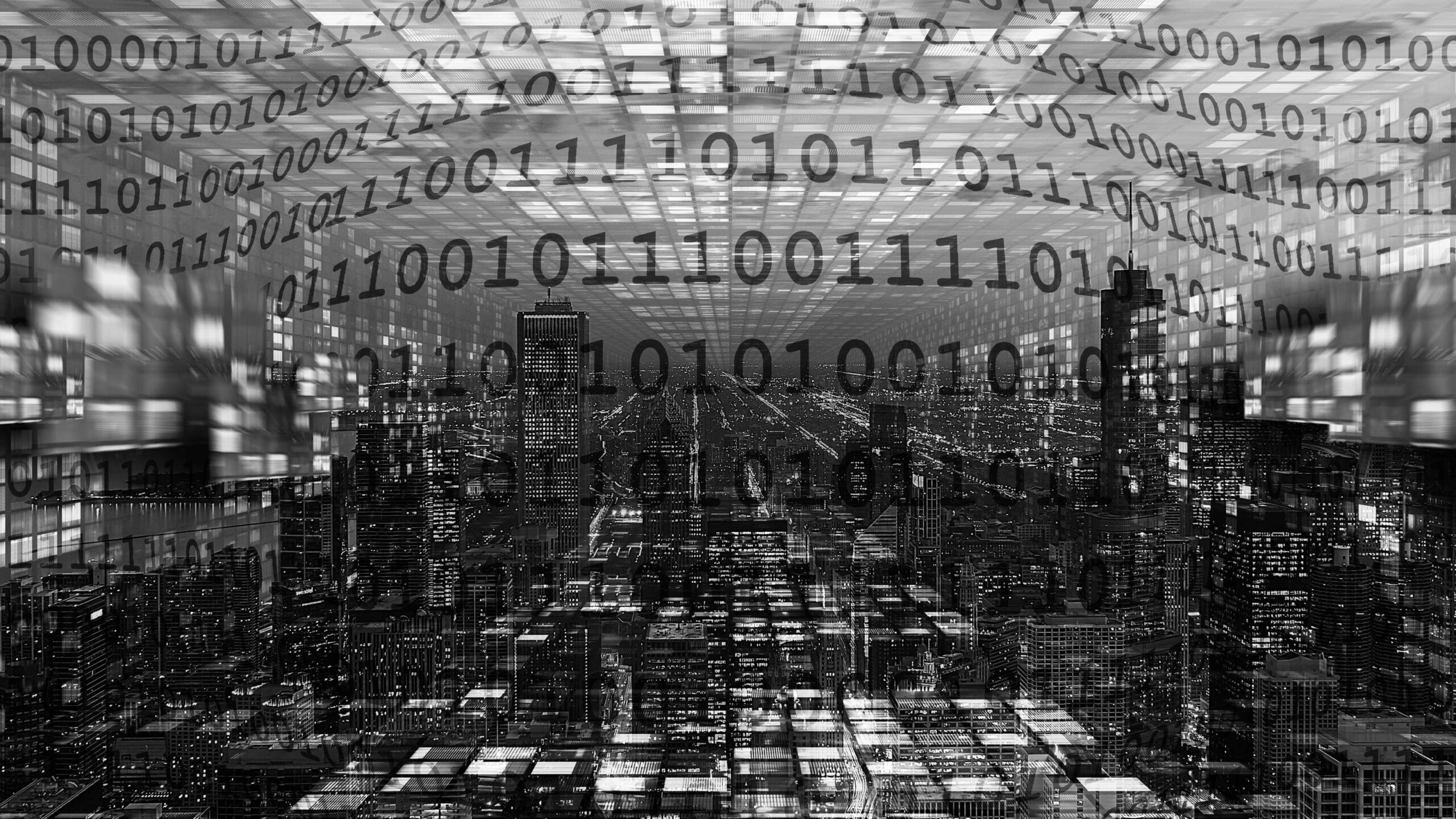 image of a cityscape with binary code overlaid