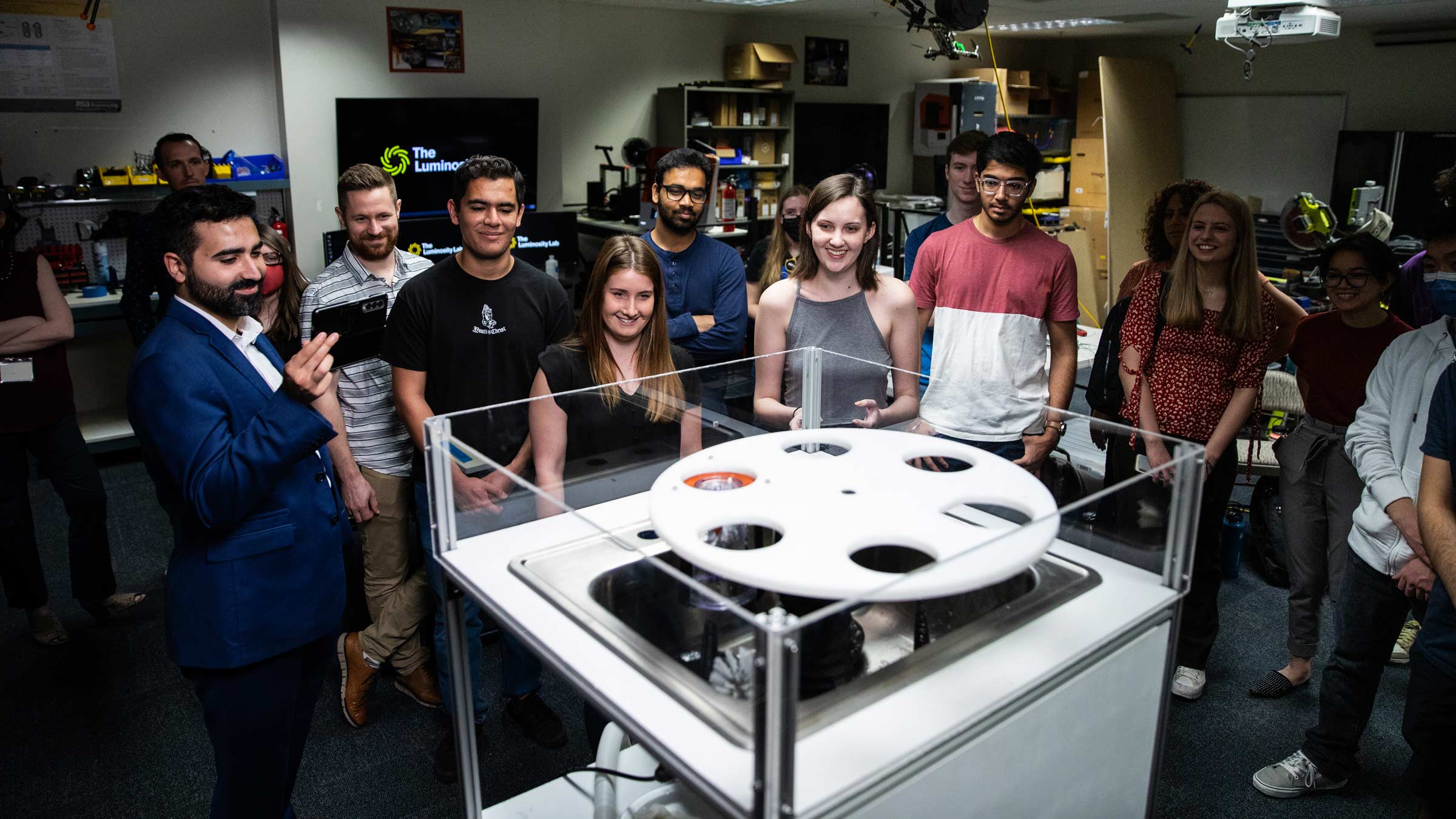 a group of students gathered at ASU's Luminosity Lab
