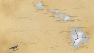An illustrated map of the Hawaiian Islands with an outrigger canoe.