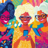 AI-generated cartoon-style image of three women smiling together while holding cellphones