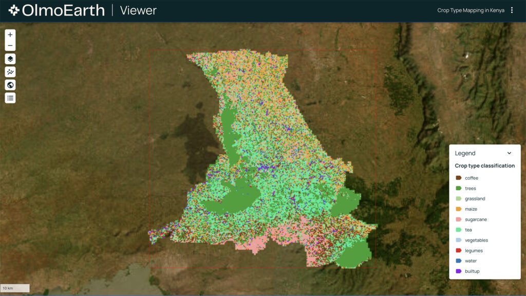 An image showing how OlmoEarth uses satellite imagery and AI