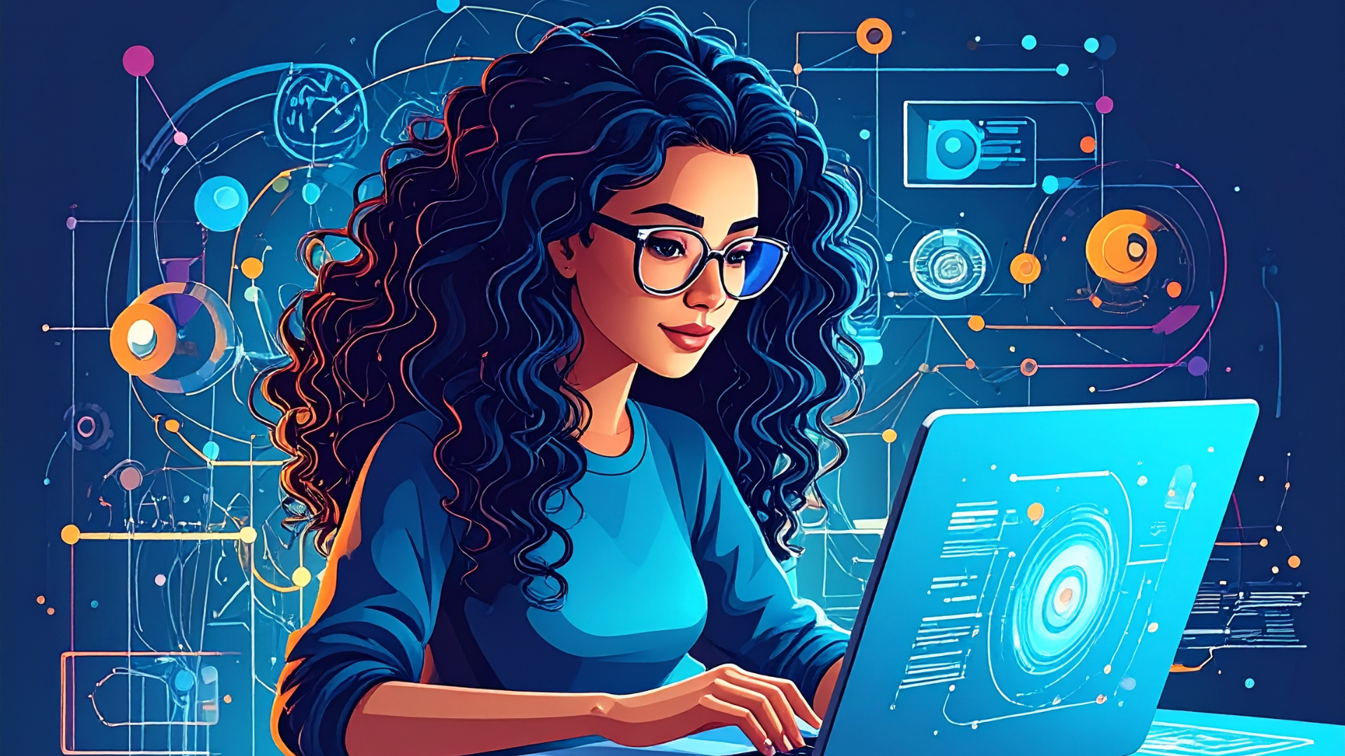 An AI-generated illustration depicts a woman working on a laptop, surrounded by abstract technological graphics. ASU Universal Learner Courses enable high school students to complete coursework online with the ability to use classes for college credit. A new ULC, RAS 210 Computer-Aided Design and Manufacturing (CAD/CAM), is available in 2026. Graphic generated by Aisha Kaddi/ASU using Adobe Firefly