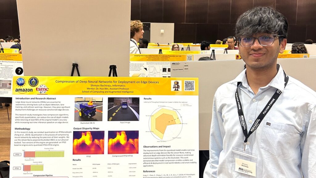 Shreyas Bachiraju poses with a poster at a research expo.