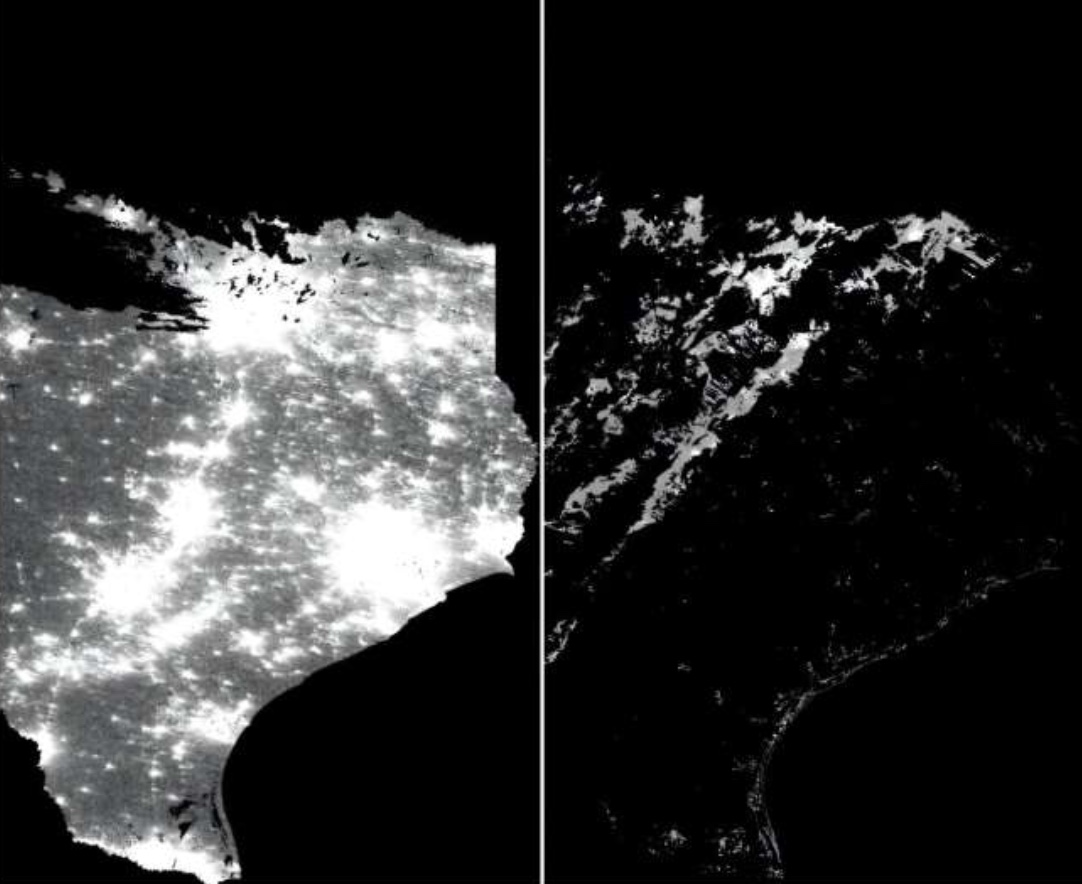 Orbital nighttime lights imagery of southeast Texas before (left) and during a hurricane. Images from NASA.