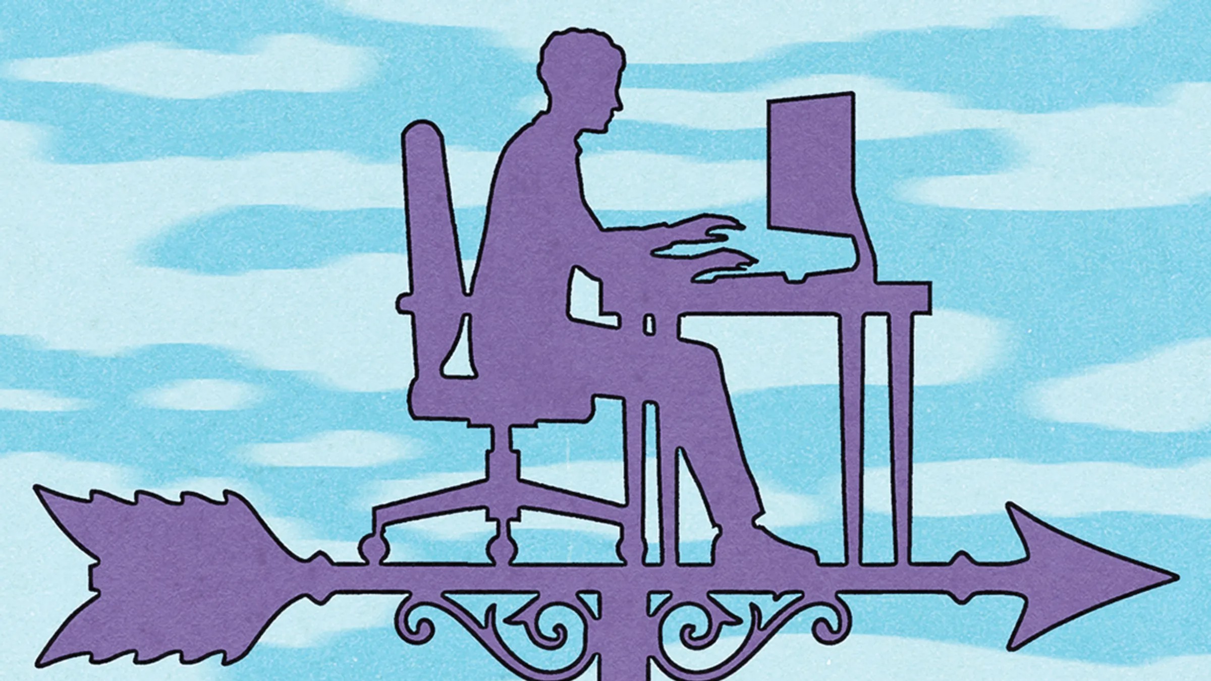 silhouette of person at computer on a wind compass