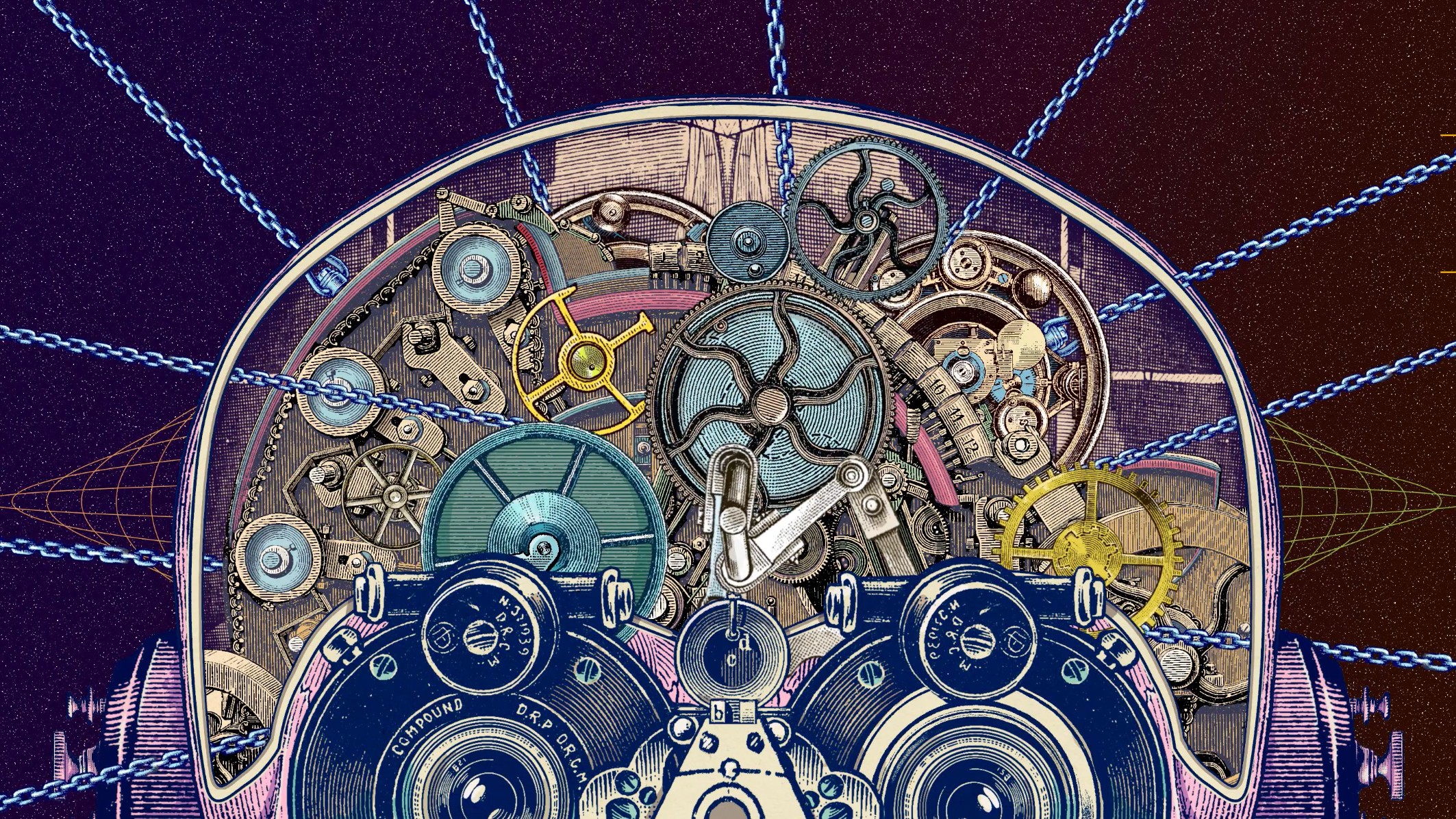 a graphic of visual slice into someone's mind, with cogs spinning like a machine