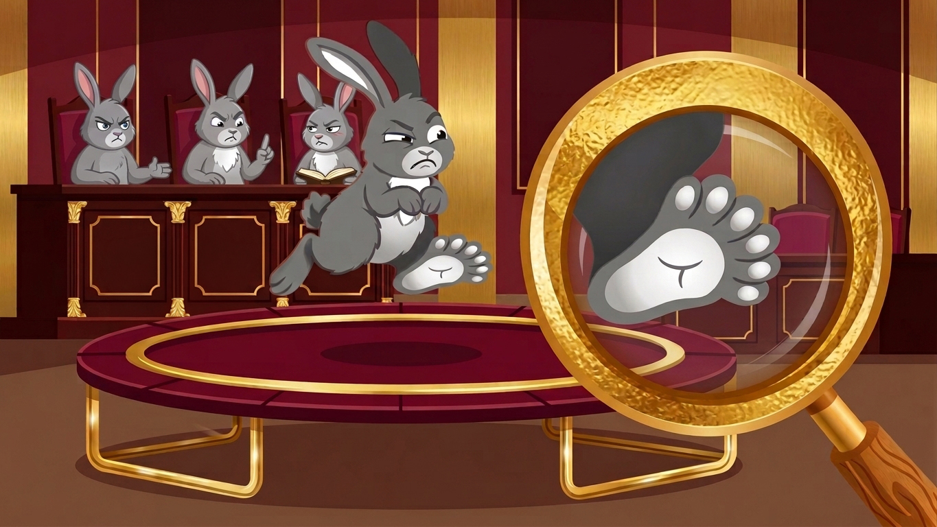 A disgruntled rabbit jumps on a maroon trampoline. A gold magnifying glass reveals that the rabbit has too many toes as a panel of judges watches disapprovingly.